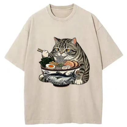 Tokyo-Tiger Fat Cat Eats Delicious Japanese Ramen Washed T-Shirt