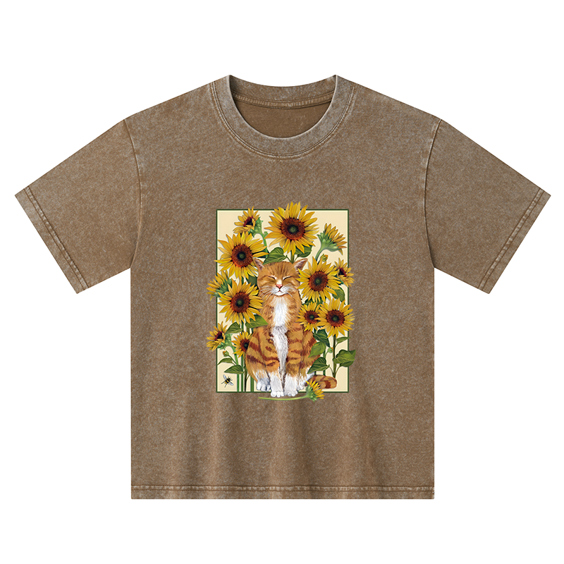 Tokyo-Tiger Sunflower And Orange Cat Kids Washed T-Shirt