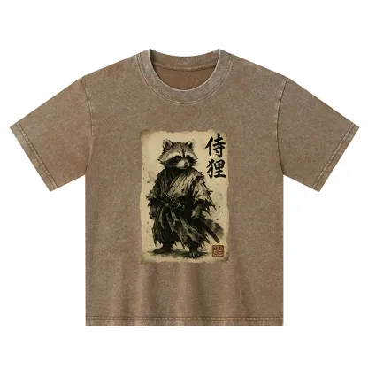 Tokyo-Tiger Retro Raccoon Samurai Kids Washed T-Shirt