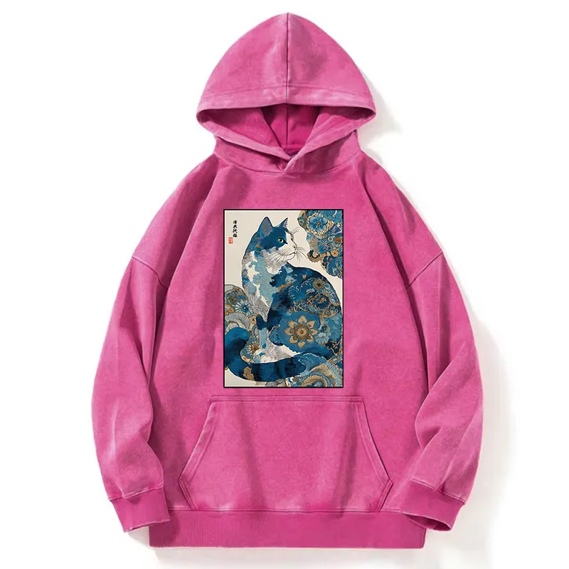 Tokyo-Tiger Japanese Ukiyo-e Flowers Cat Washed Hoodie