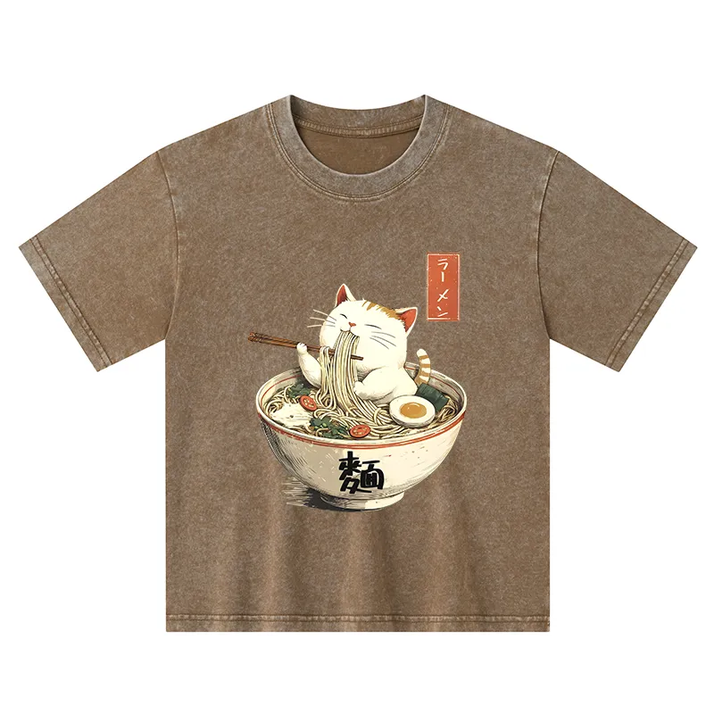 Tokyo-Tiger White Cat Eating Ramen Japan Kids Washed T-Shirt