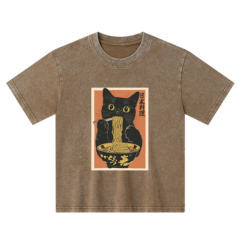 Tokyo-Tiger Black Cat Eats Japan Ramen Kids Washed T-Shirt