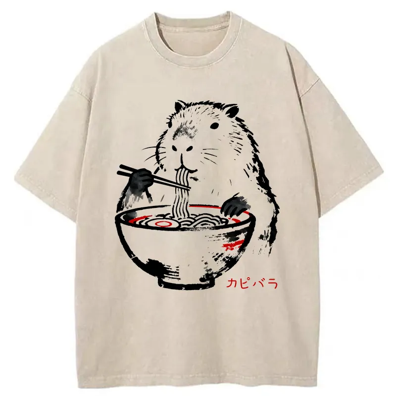 Tokyo-Tiger Capybaras Eat Delicious Ramen Washed T-Shirt