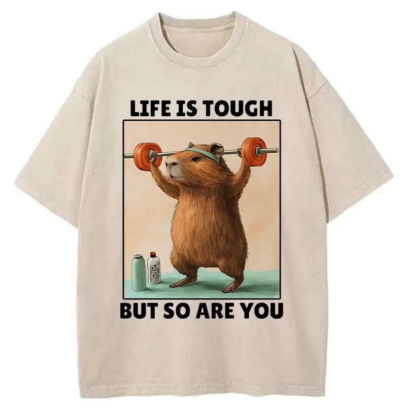 Tokyo-Tiger Capybara Lifting Weights Washed T-Shirt