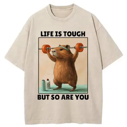 Tokyo-Tiger Capybara Lifting Weights Washed T-Shirt