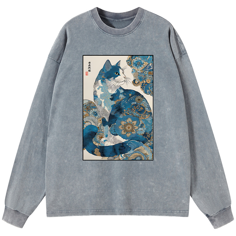 Tokyo-Tiger Japanese Ukiyo-e Flowers Cat Washed Long Sleeve T-Shirt