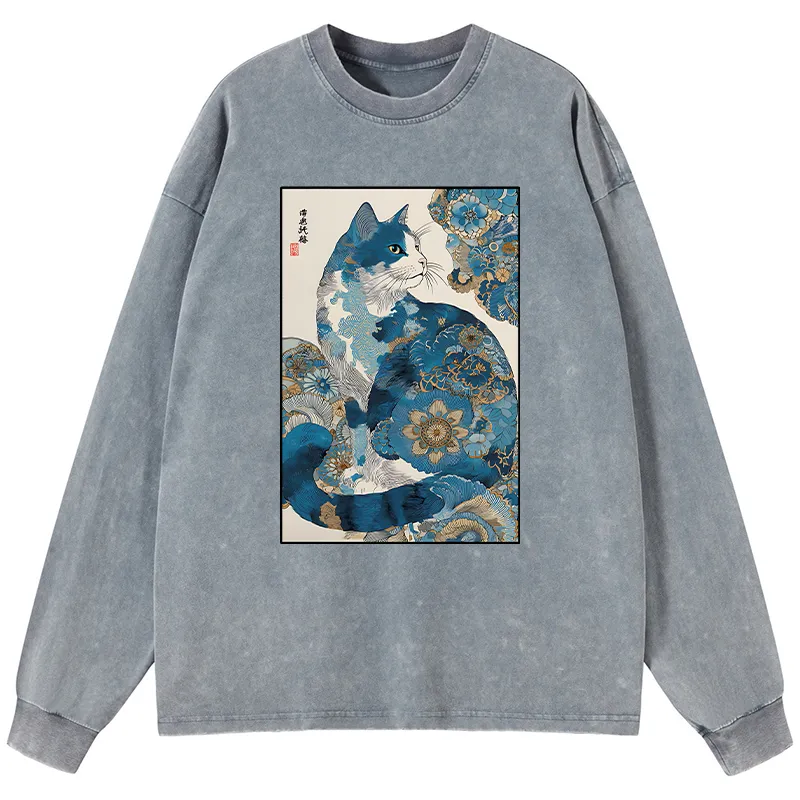 Tokyo-Tiger Japanese Ukiyo-e Flowers Cat Washed Long Sleeve T-Shirt