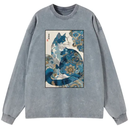 Tokyo-Tiger Japanese Ukiyo-e Flowers Cat Washed Long Sleeve T-Shirt