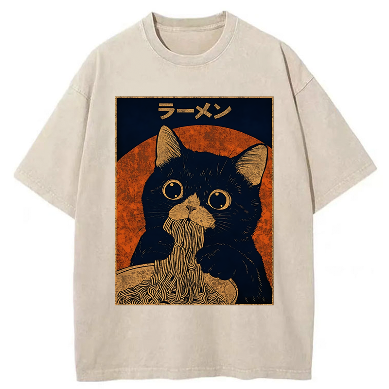 Tokyo-Tiger Retro Black Cat Eats Delicious Ramen Washed T-Shirt