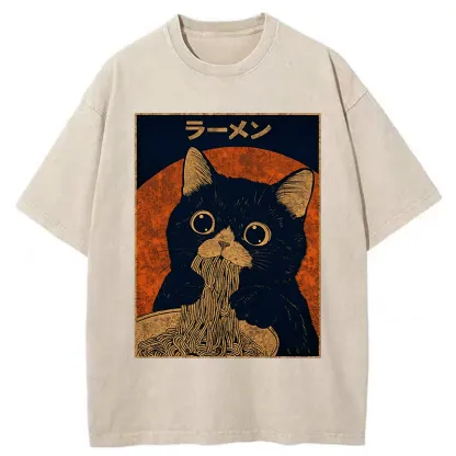 Tokyo-Tiger Retro Black Cat Eats Delicious Ramen Washed T-Shirt