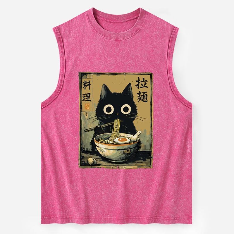 Tokyo-Tiger Cute Black Cat Eating Ramen Japan Washed Tank
