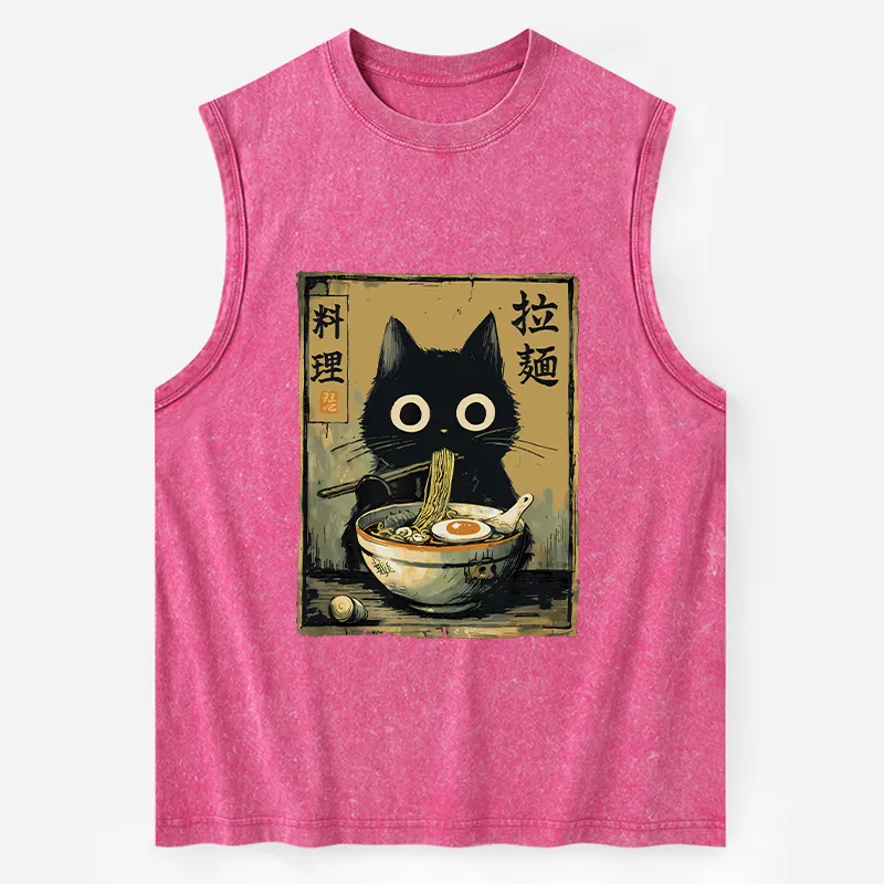 Tokyo-Tiger Cute Black Cat Eating Ramen Japan Washed Tank