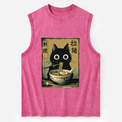 Tokyo-Tiger Cute Black Cat Eating Ramen Japan Washed Tank
