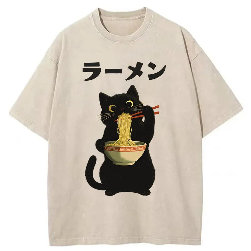 Tokyo-Tiger Black Cat Ate A Large Bowl Of Ramen Washed T-Shirt