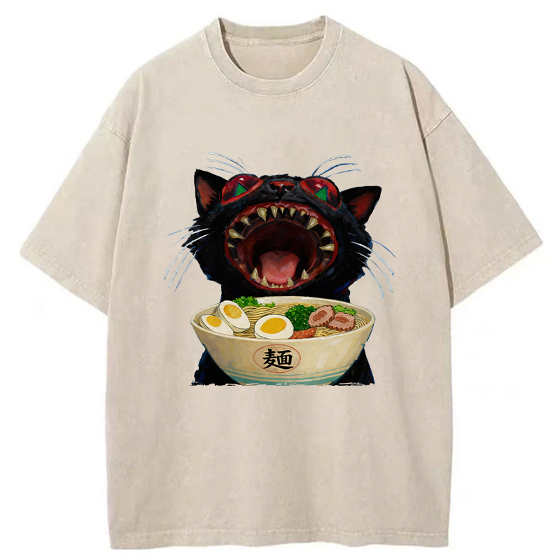 Tokyo-Tiger Black Cat Is Ready To Eat Ramen Washed T-Shirt