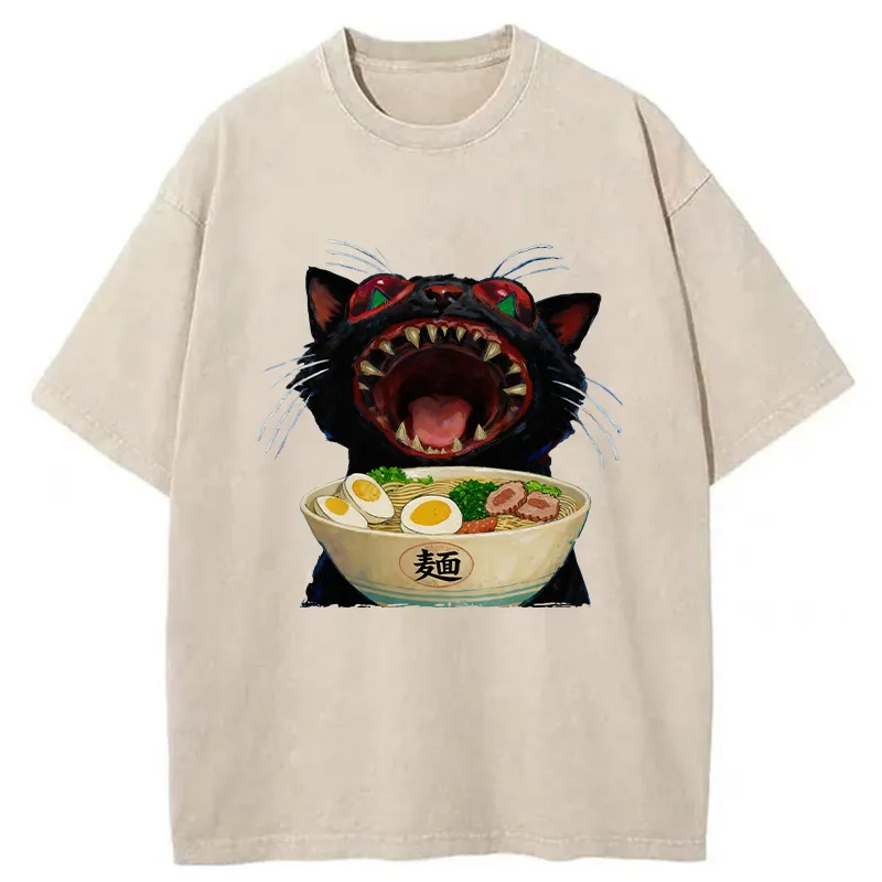 Tokyo-Tiger Black Cat Is Ready To Eat Ramen Washed T-Shirt Sale