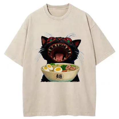 Tokyo-Tiger Black Cat Is Ready To Eat Ramen Washed T-Shirt