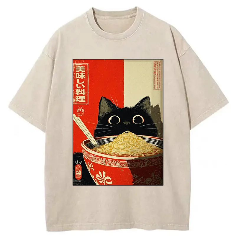 Tokyo-Tiger Cat Eats A Large Portion Of Ramen Washed T-Shirt