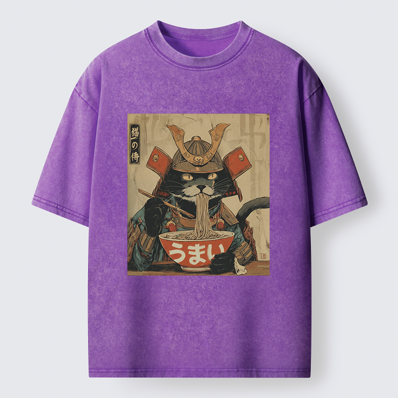 Tokyo-Tiger Cat Japanese Samurai Eating Ramen Washed T-Shirt