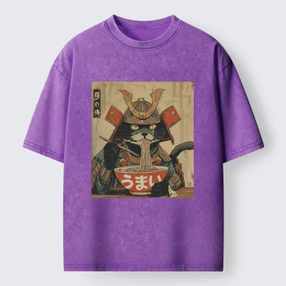 Tokyo-Tiger Cat Japanese Samurai Eating Ramen Washed T-Shirt