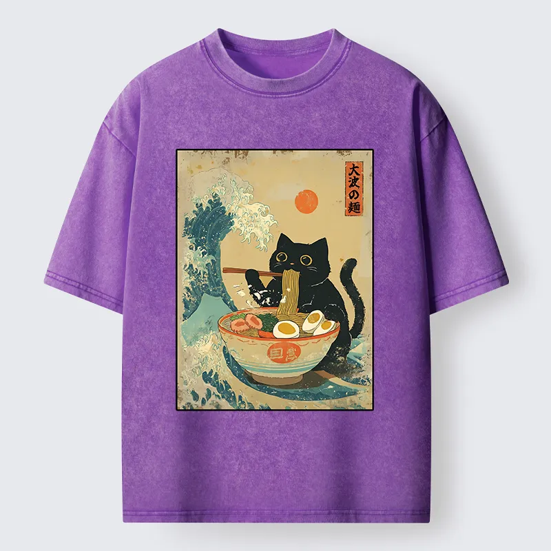 Tokyo-Tiger Cat Eats A Large Portion Of Ramen Washed T-Shirt