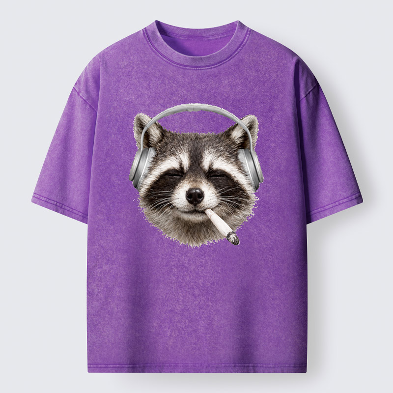 Tokyo-Tiger Raccoon Listening To Music Now Washed T-Shirt