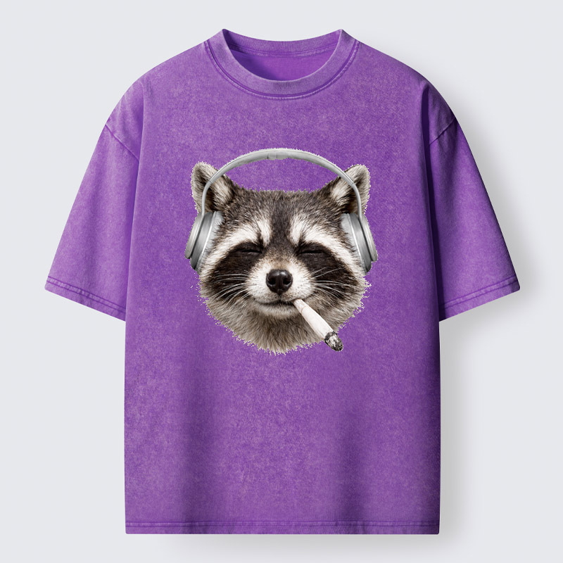 Tokyo-Tiger Raccoon Listening To Music Now Washed T-Shirt