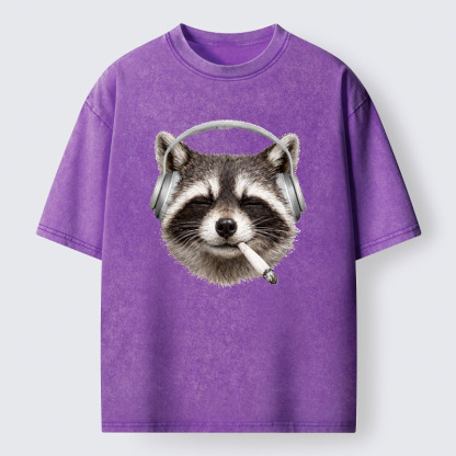 Tokyo-Tiger Raccoon Listening To Music Now Washed T-Shirt