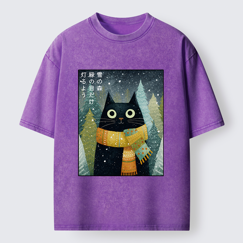 Tokyo-Tiger Black Cat With Green Eyes Washed T-Shirt