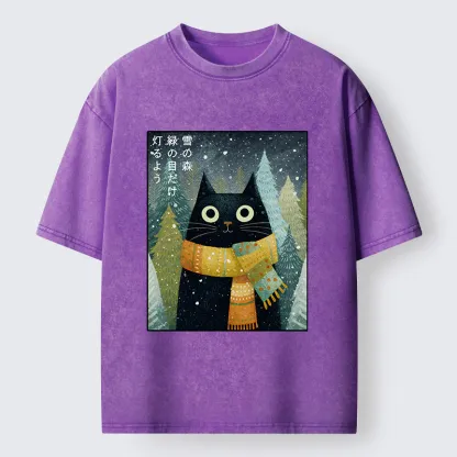 Tokyo-Tiger Black Cat With Green Eyes Washed T-Shirt