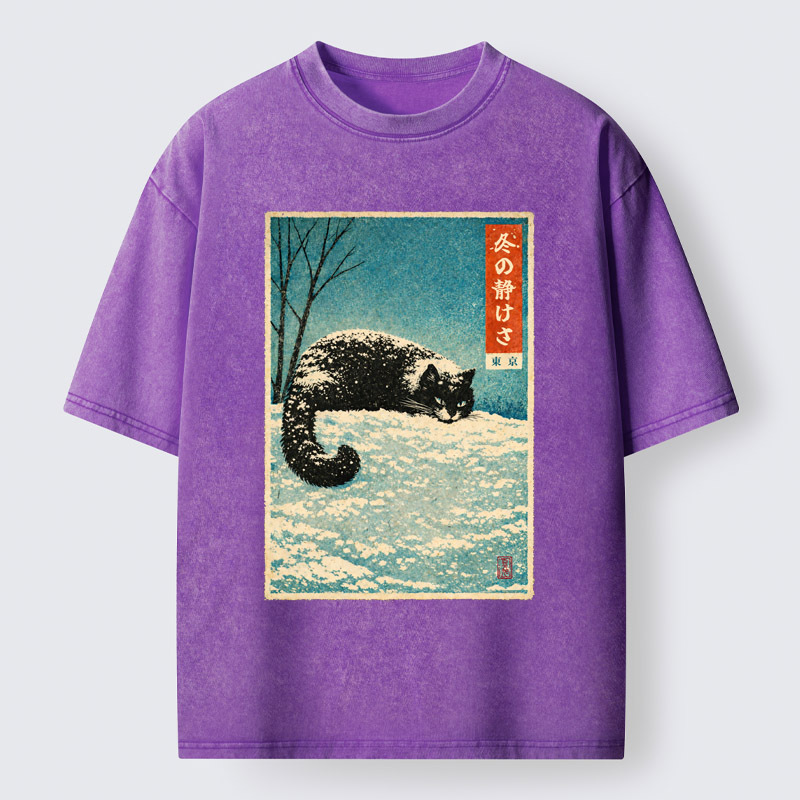 Tokyo-Tiger A Cat In Winter Silence Washed T-Shirt