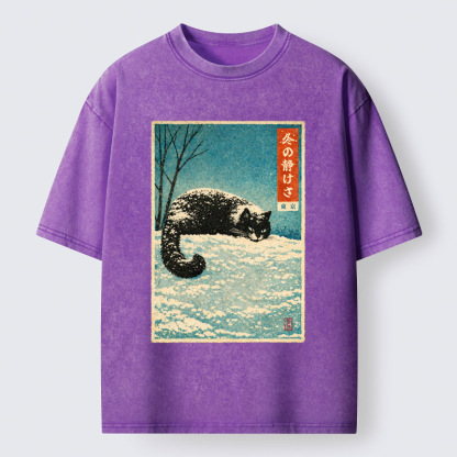 Tokyo-Tiger A Cat In Winter Silence Washed T-Shirt