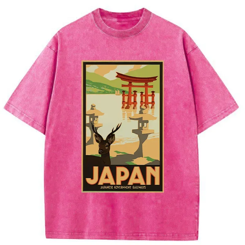 Tokyo-Tiger Japanese Deer And Scenery Washed T-Shirt