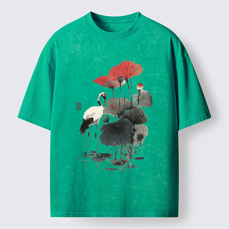 Tokyo-Tiger White Crane Among Lotus Washed T-Shirt