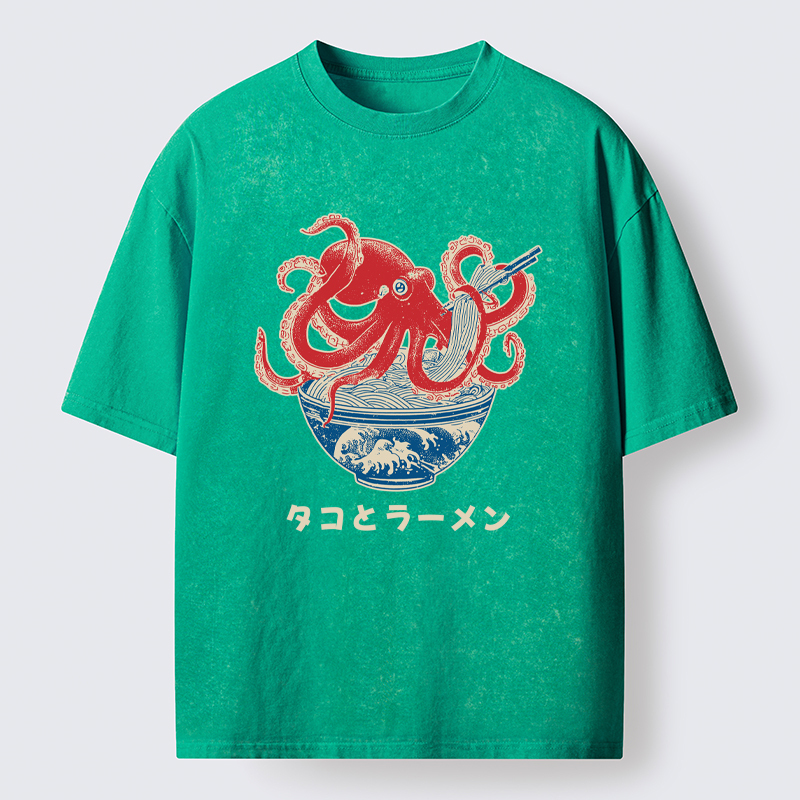Tokyo-Tiger Octopus Eating Ramen Washed T-Shirt