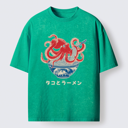 Tokyo-Tiger Octopus Eating Ramen Washed T-Shirt