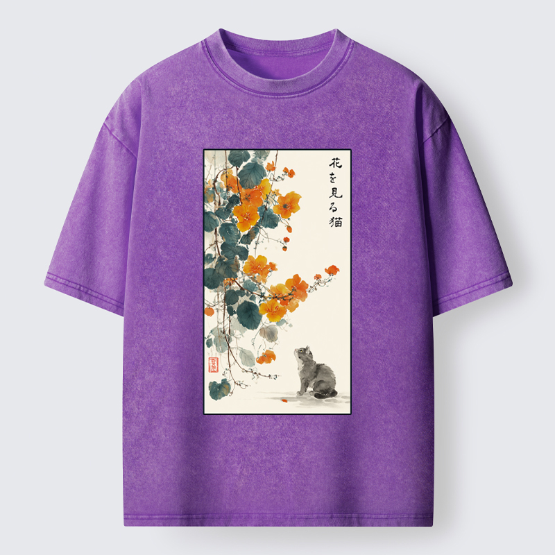 Tokyo-Tiger A Cat Watching Flowers Washed T-Shirt
