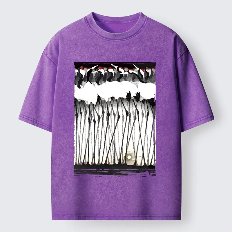 Tokyo-Tiger Crane Flock Ancient Painting Washed T-Shirt
