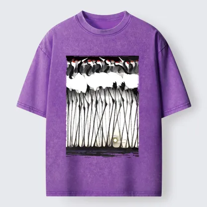 Tokyo-Tiger Crane Flock Ancient Painting Washed T-Shirt
