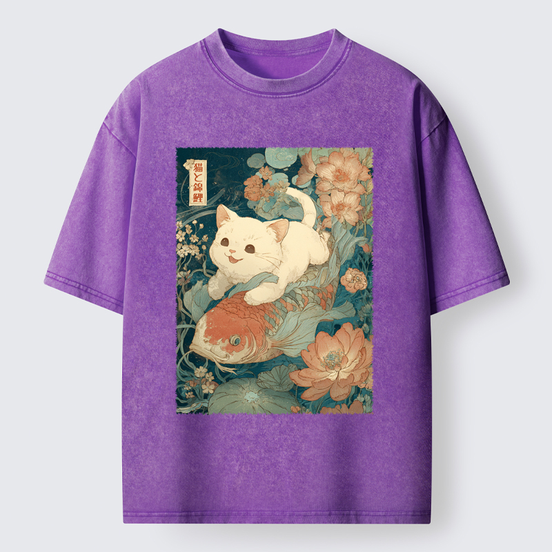 Tokyo-Tiger Cat And Koi Washed T-Shirt