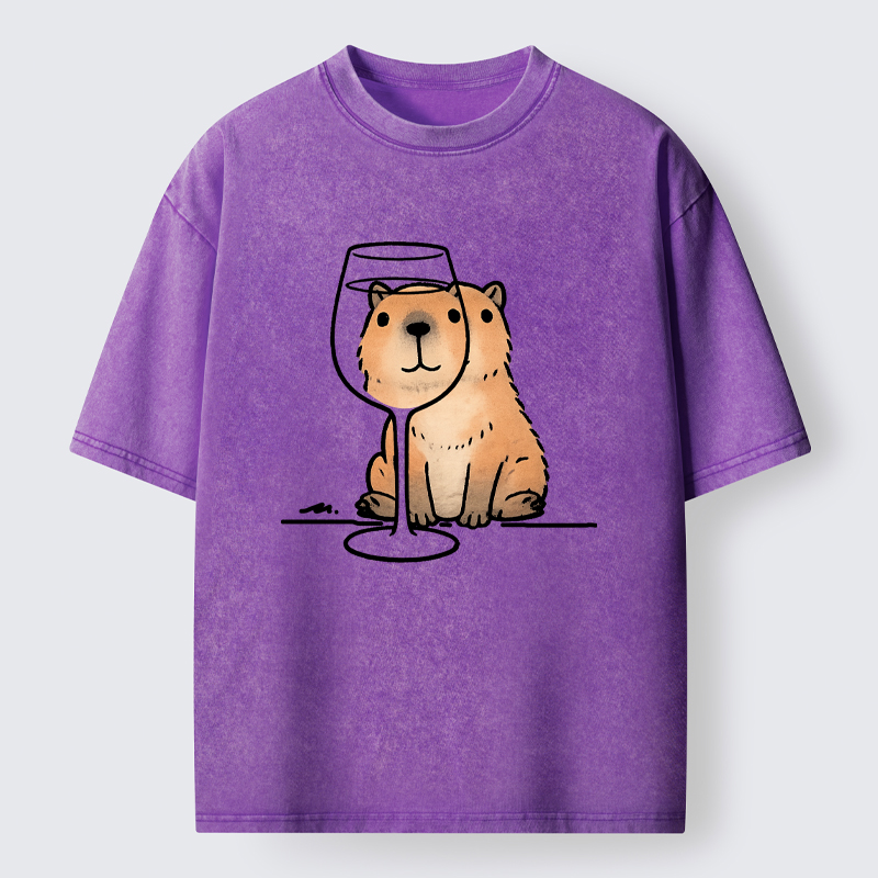 Tokyo-Tiger Capybara With A Glass Washed T-Shirt