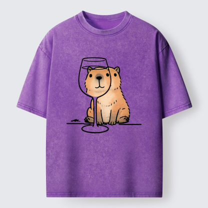 Tokyo-Tiger Capybara With A Glass Washed T-Shirt