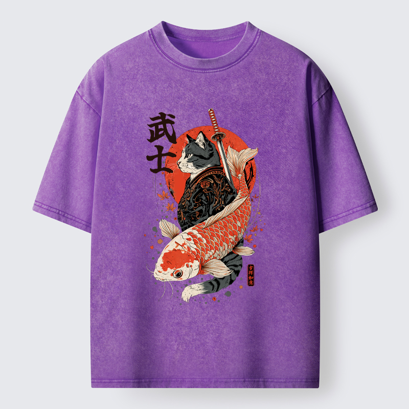 Tokyo-Tiger Samurai Cat And Koi Washed T-Shirt