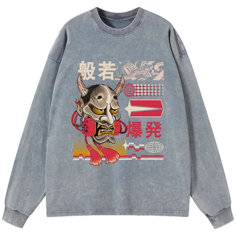 Tokyo-Tiger Hannya Mask Japanese Washed Long Sleeve T-Shirt