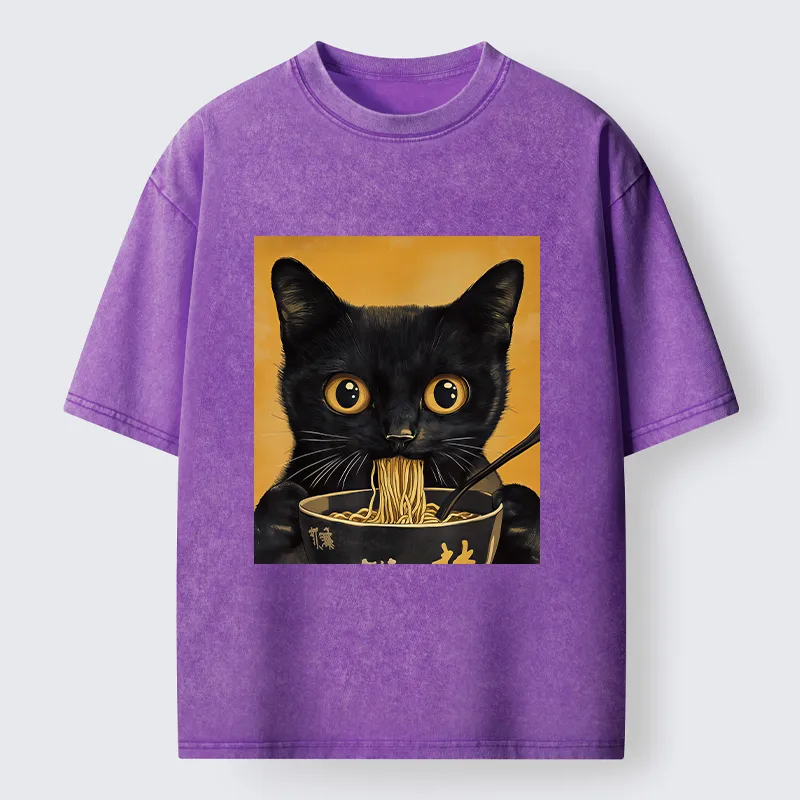 Tokyo-Tiger Cute Black Cat Eating A Big Bowl Of Ramen Washed T-Shirt