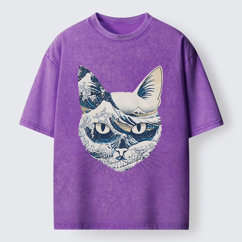Tokyo-Tiger Ukiyo-e Waves And Cats Washed T-Shirt