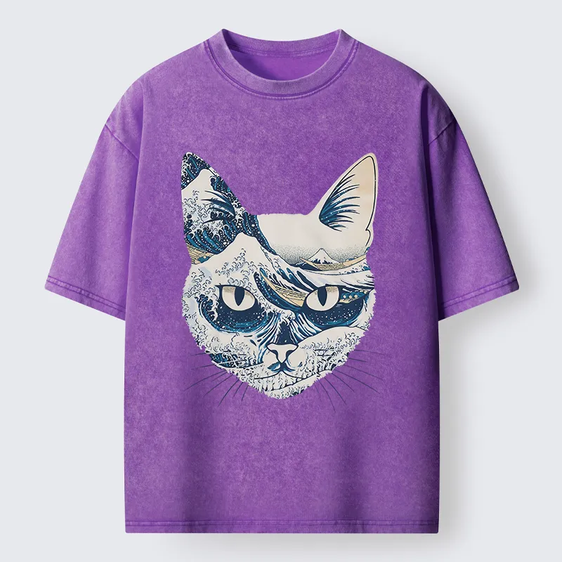 Tokyo-Tiger Ukiyo-e Waves And Cats Washed T-Shirt