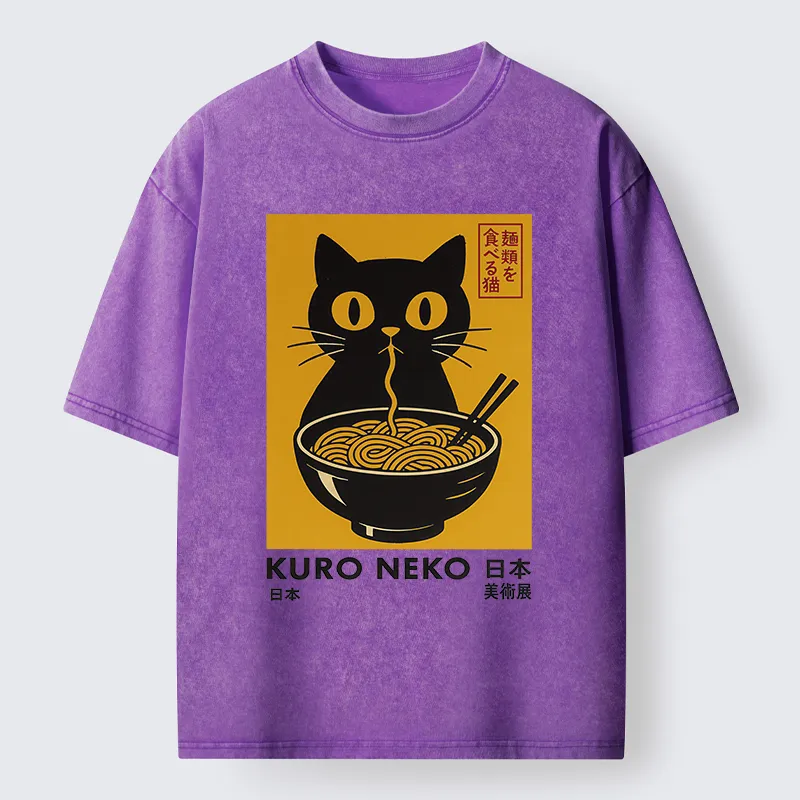 Tokyo-Tiger Cat Eating Ramen Poster Washed T-Shirt
