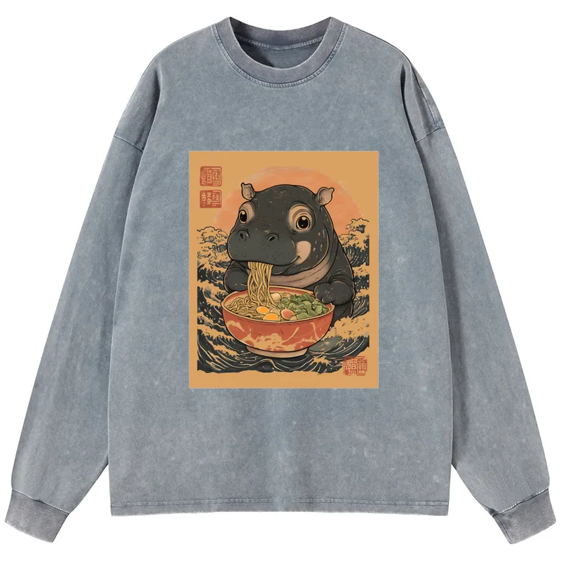 Tokyo-Tiger Moo Deng Eat Ramen Washed Long Sleeve T-Shirt