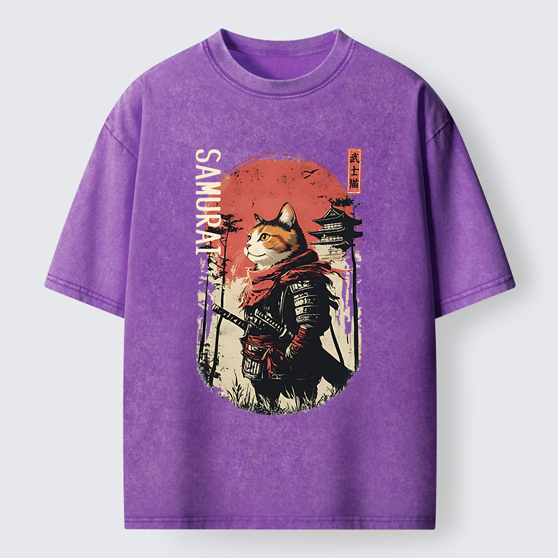 Tokyo-Tiger Lonely Cat Japanese Samurai Washed T-Shirt